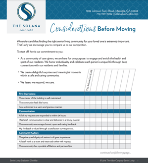 Solana East Cobb - Evaluating Senior Living Options Checklist - Cover